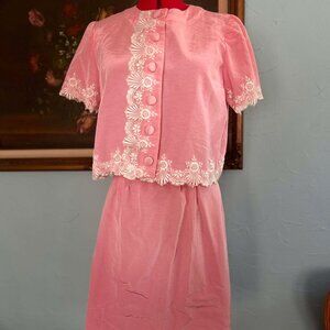 🌸 Handmade Vintage 60s Pink Skirt & Top Set – Lace Trim Sweetheart 🌸